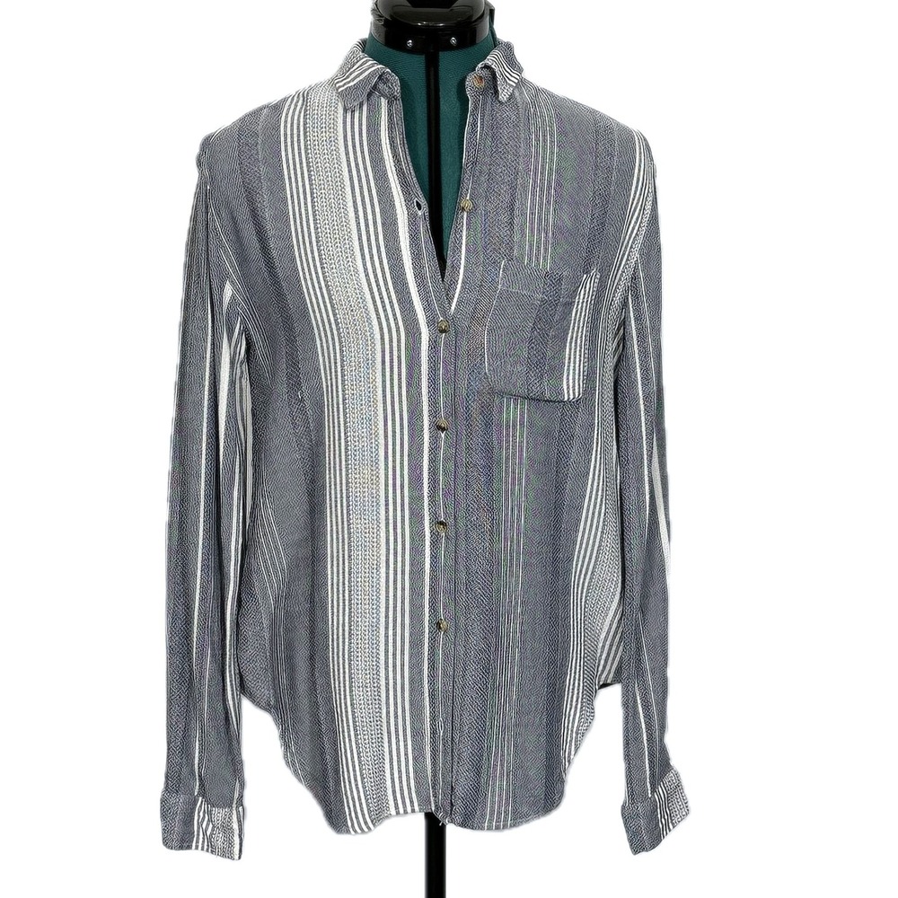 Maeve Anthropologie Blue White Striped Viscose Button Down Shirt XS OB1049846